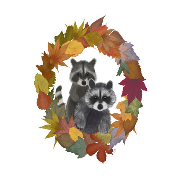 Wildon Home® Raccoons Autumn Leaf Wreath - Wrapped Canvas Print | Wayfair
